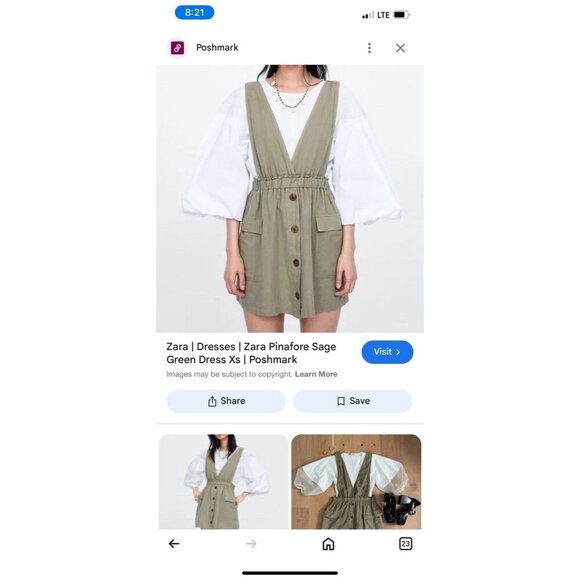 ZARA Size S Sage Green Sleeveless Linen V-Neck Pinafore Dress Overall Mini - Picture 2 of 12